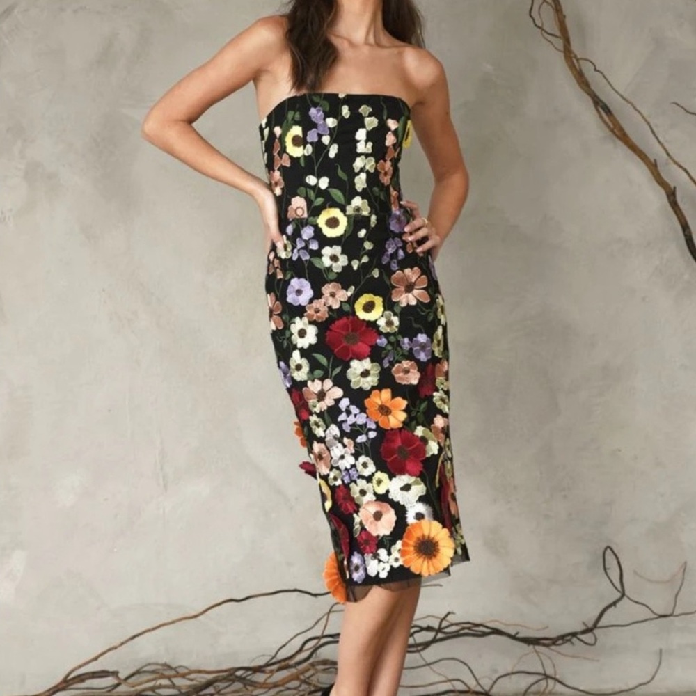 ADELYN RAE BETH 3D FLORAL MIDI DRESS- BLACK MULTI